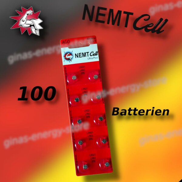 100 x Nemt Cell AG0 Uhrenbatterie Im Blisterpack LR63, LR521, L521, 379 Neu