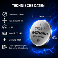 15 x Knopfzelle CR2016 Wilhelm Batterie Lithium 3V CR 2016 Premiumware