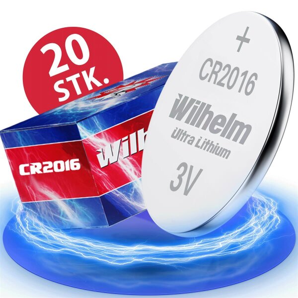 20 x Knopfzelle CR2016 Wilhelm Batterie Lithium 3V CR 2016 Premiumware