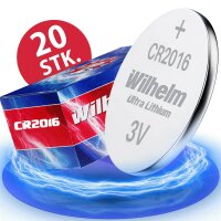 20 x Knopfzelle CR2016 Wilhelm Batterie Lithium 3V CR 2016 Premiumware