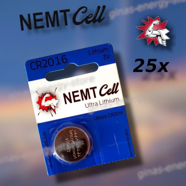25 x CR2016 NEMT Cell Batterie Lithium Knopfzelle CR 2016 3V