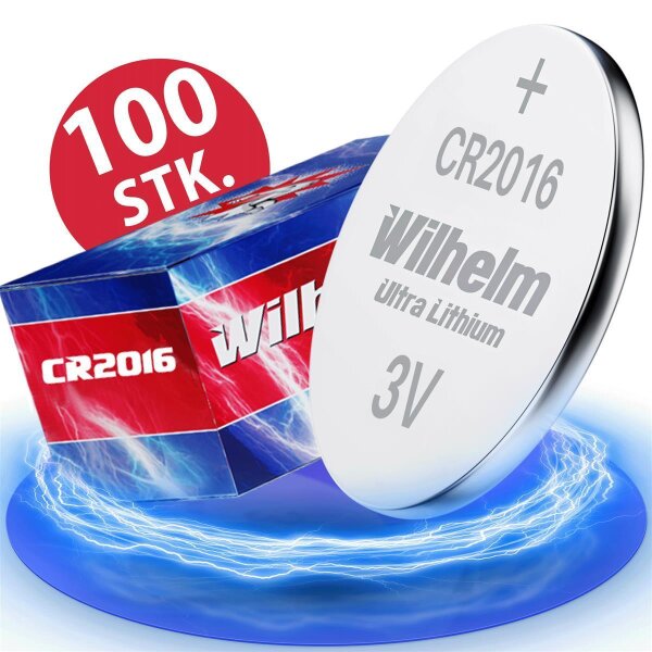 100 x Knopfzelle CR2016 Wilhelm Batterie Lithium 3V CR 2016 Premiumware