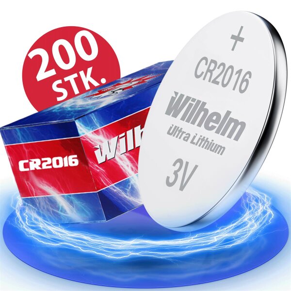 200 x Knopfzelle CR2016 Wilhelm Batterie Lithium 3V CR 2016 Premiumware