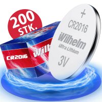 200 x Knopfzelle CR2016 Wilhelm Batterie Lithium 3V CR 2016 Premiumware