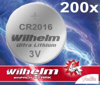 200 x Wilhelm CR2016 Batterie Lithium Knopfzelle CR 2016 3V