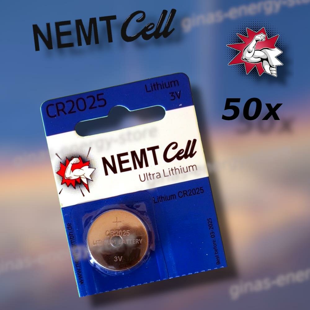 50 x CR2025 NEMT Cell Batterie Lithium Knopfzelle CR 2025 3V, 7,36