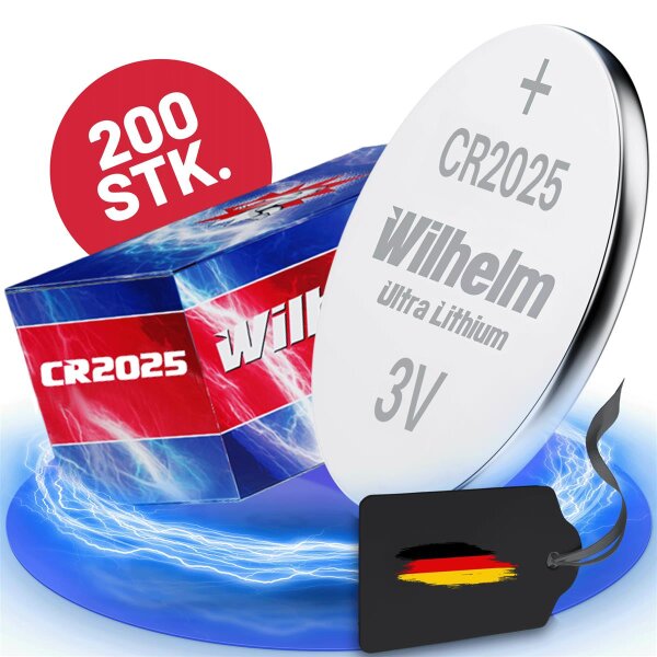 200 x Wilhelm CR2025 Batterie Lithium Knopfzelle CR 2025 3V