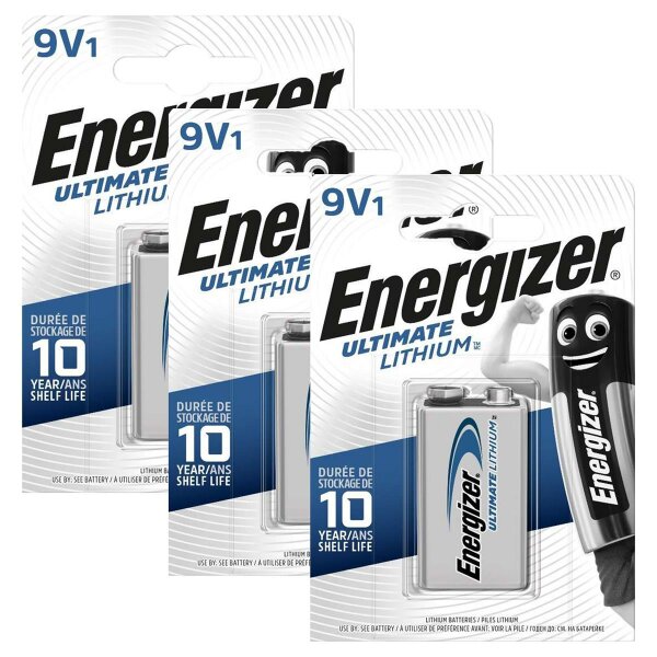 3 x Energizer 9V Block Lithiumbatterie Blockbatterie 4LR61 ideal für Rauchmelder