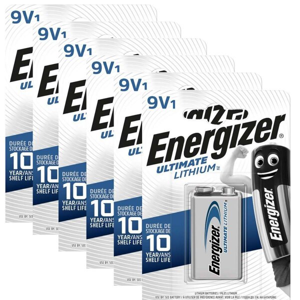 6 x Energizer 9V Block Lithiumbatterie Blockbatterie 4LR61 ideal für Rauchmelder