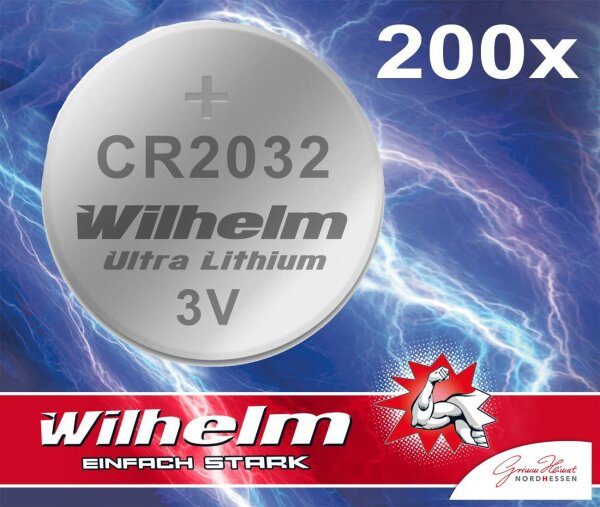 200 x Knopfzelle CR2032 Wilhelm Batterie LIthium 3V CR 2032 Industrieware