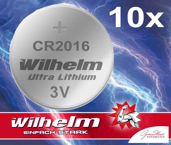 10 x Knopfzelle CR2016 Wilhelm Batterie Lithium 3V CR 2016 Industrieware