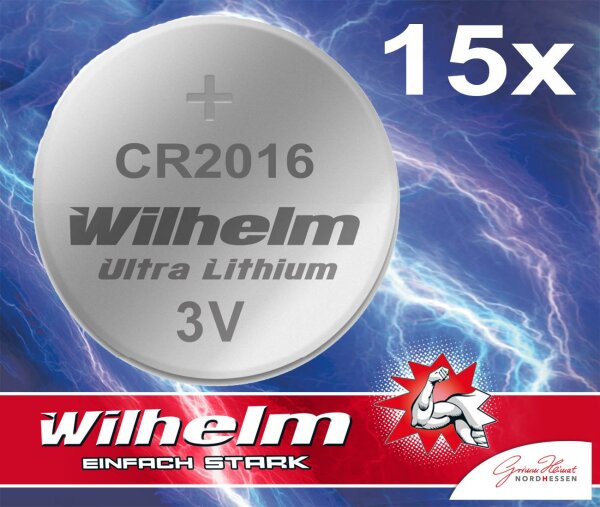 15 x Knopfzelle CR2016 Wilhelm Batterie Lithium 3V CR 2016 Industrieware
