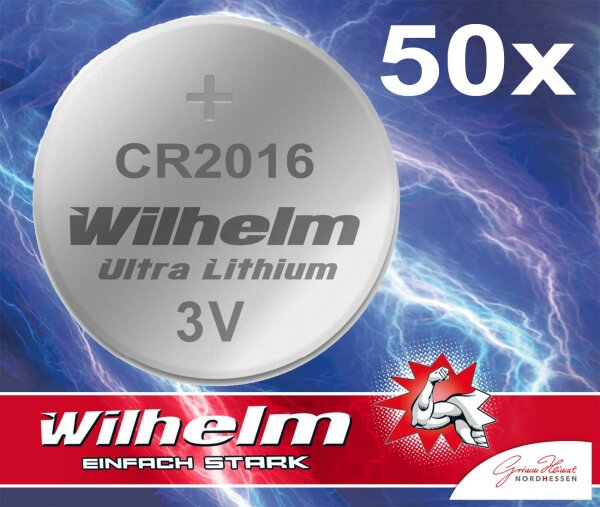 50 x Knopfzelle CR2016 Wilhelm Batterie Lithium 3V CR 2016 Industrieware