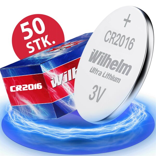 50 x Knopfzelle CR2016 Wilhelm Batterie Lithium 3V CR 2016 Premiumware