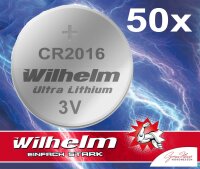 50 x Knopfzelle CR2016 Wilhelm Batterie Lithium 3V CR...