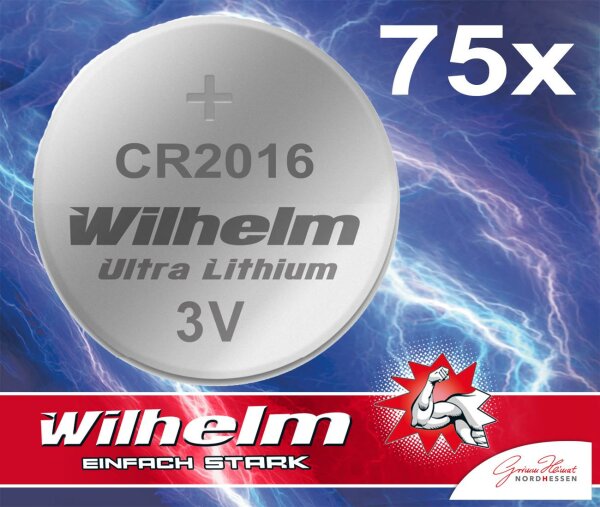 75 x Knopfzelle CR2016 Wilhelm Batterie Lithium 3V CR 2016 Industrieware