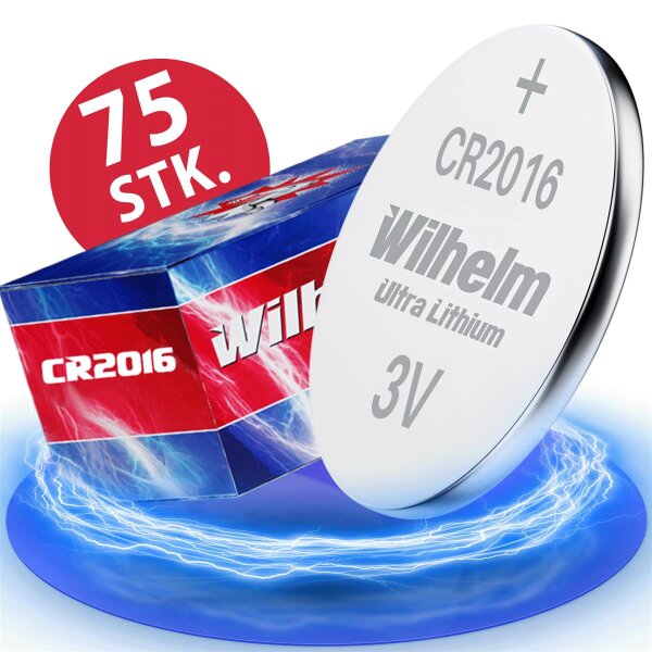 75 x Knopfzelle CR2016 Wilhelm Batterie Lithium 3V CR 2016 Premiumware