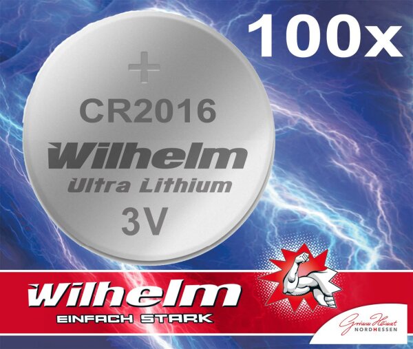 100 x Knopfzelle CR2016 Wilhelm Batterie Lithium 3V CR 2016 Industrieware