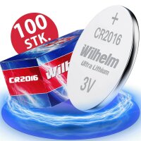 100 x Knopfzelle CR2016 Wilhelm Batterie Lithium 3V CR 2016 Premiumware