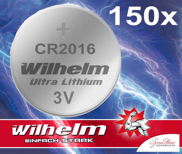 150 x Knopfzelle CR2016 Wilhelm Batterie Lithium 3V CR 2016 Industrieware