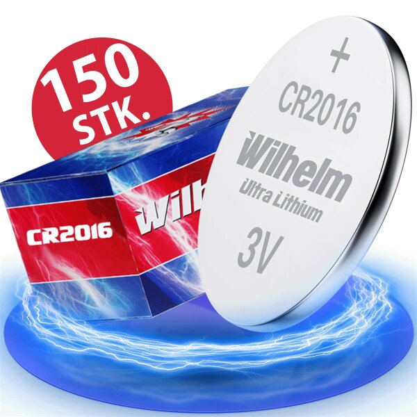 150 x Knopfzelle CR2016 Wilhelm Batterie Lithium 3V CR 2016 Premiumware
