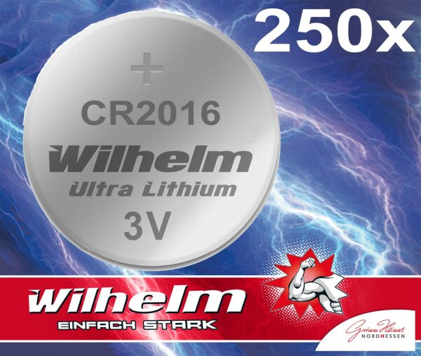 250 x Knopfzelle CR2016 Wilhelm Batterie Lithium 3V CR 2016 Industrieware