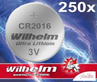 250 x Knopfzelle CR2016 Wilhelm Batterie Lithium 3V CR...