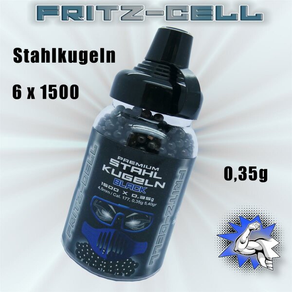 6 x 1500 Fritz-Cell Black Stahl BBS 4,5 mm Stahlkugeln Stahlrundkugeln für Luftpistole BB´s CO2 Pistolen