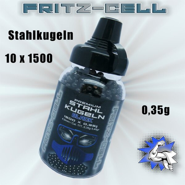 10 x 1500 Fritz-Cell Black Stahl BBS 4,5 mm Stahlkugeln Stahlrundkugeln für Luftpistole BB´s CO2 Pistolen