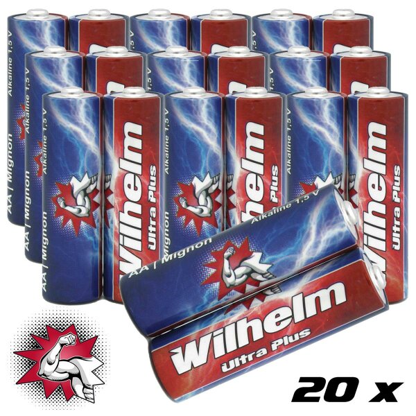 20 AA Mignon WILHELM Ultra Plus Alkaline Batterien im Shrink LR6  ø 14,5 x 50,5 mm