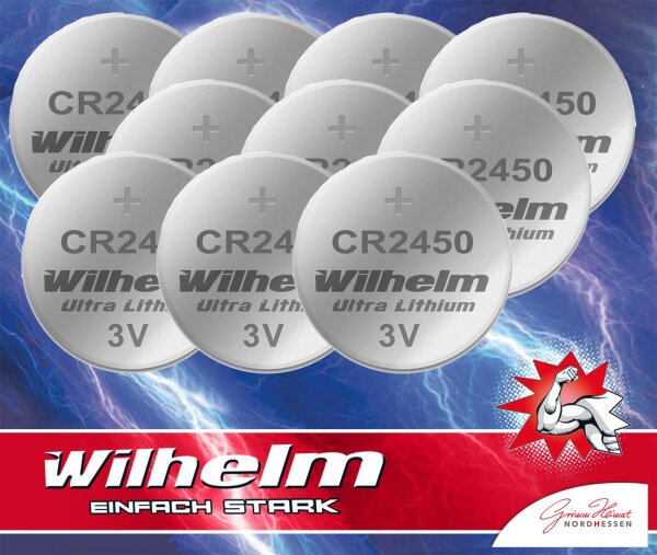 10 x CR2450 WILHELM Lithium Knopfzelle 3V 600mAh ø24x5,0mm Batterie DL2450