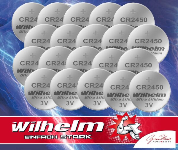 20 x CR2450 WILHELM Lithium Knopfzelle 3V 600mAh ø24x5,0mm Batterie DL2450