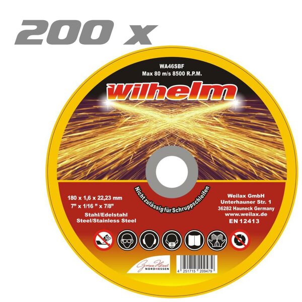 200 x Wilhelm Trennscheiben Ø 180 Edelstahl Metall Stahl Inox Blech Flexscheiben Extradünn