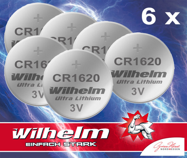 6 x CR1620 WILHELM Lithium Knopfzelle 3V 70mAh ø16x2,0mm Batterie DL1620, 6620