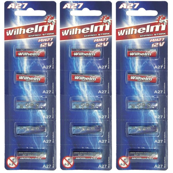 15 x Wilhelm A27 Blister 12V Wilhelm Alkaline Batterien MN27 V27GA 27A 12 Volt 25 mAh