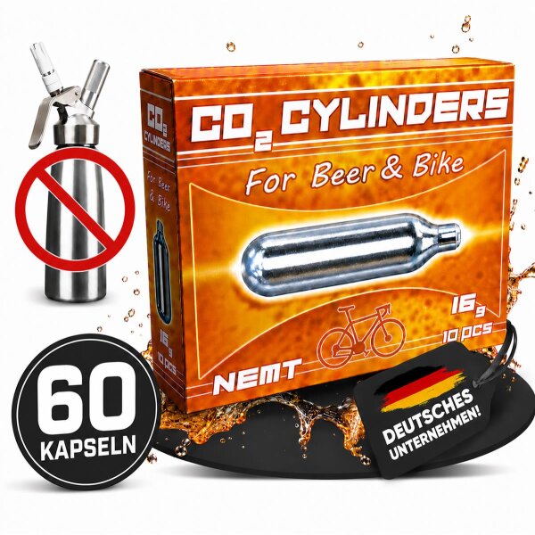 60 NEMT 16g Co2 Bierkapseln and Bikekapseln für alle Bierzapfanlagen mit 16g Kohlensäurekapseln ohne Gewinde