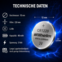 2 x CR1220 WILHELM Lithium Knopfzelle 3V 40mAh ø12x2,0mm Batterie DL1220