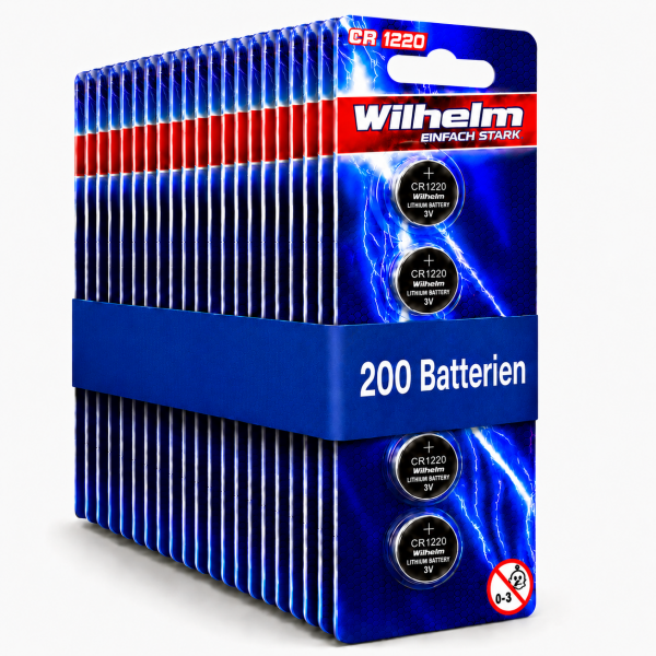 200 x CR1220 WILHELM Lithium Knopfzelle 3V 40mAh ø12x2,0mm Batterie DL1220