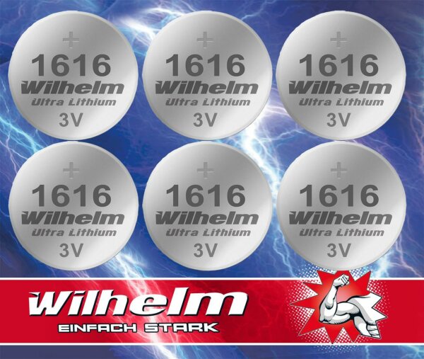 6 x CR1616 WILHELM Lithium Knopfzelle 3V 55mAh ø16 x 1,6 mm Batterie DL1616