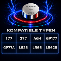 100 X Wilhelm AG4 LR66 - L 626 - 177 - 377 - GP77A Qualitätsbatterien 1,5 V Alkaline