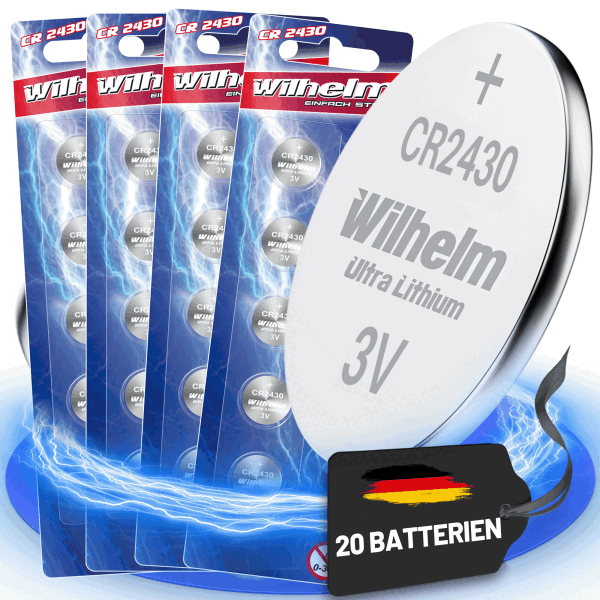 20 x CR2430 WILHELM Lithium Knopfzelle 3V 270mAh ø24,3x3,0mm Batterie DL2430 Industrieware