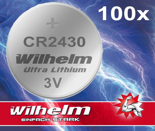 100 x CR2430 WILHELM Lithium Knopfzelle 3V 270mAh ø24,3x3,0mm Batterie DL2430 Industrieware