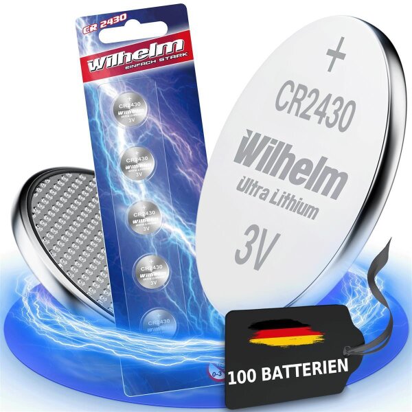 100 x CR2430 WILHELM Lithium Knopfzelle 3V 270mAh ø24,3x3,0mm Batterie DL2430 Industrieware