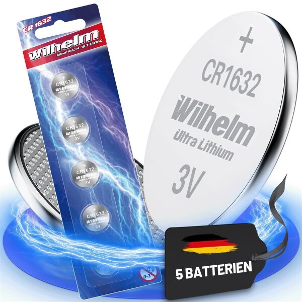 5 x CR1632 WILHELM Blister Lithium Knopfzelle 3V 140 mAh ø16 x 3,2 mm Batterie DL1632
