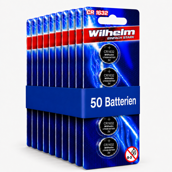 50 x CR1632 WILHELM Blister Lithium Knopfzelle 3V 140 mAh ø16 x 3,2 mm Batterie DL1632