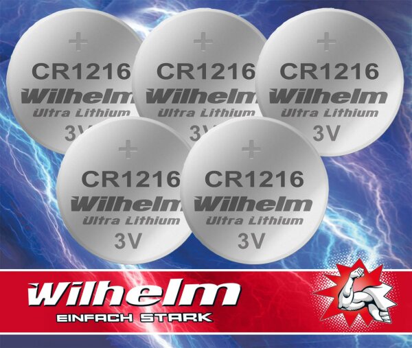 5 x CR1216 WILHELM Lithium Knopfzelle 3V 26 mAh ø12 x 1,6 mm Batterie DL1216