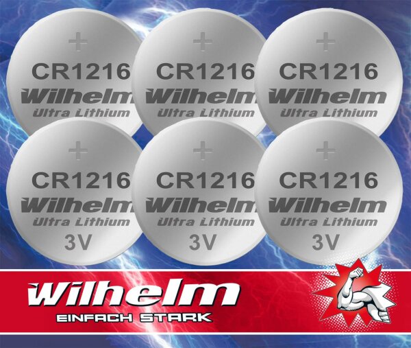 6 x CR1216 WILHELM Lithium Knopfzelle 3V 26 mAh ø12 x 1,6 mm Batterie DL1216