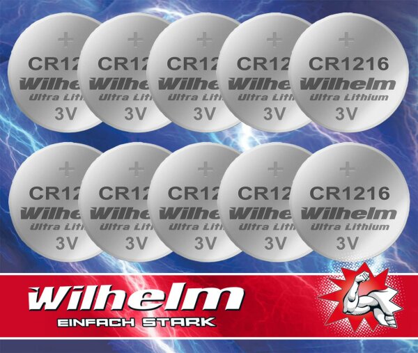 10 x CR1216 WILHELM Lithium Knopfzelle 3V 26 mAh ø12 x 1,6 mm Batterie DL1216