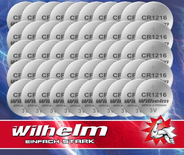 50 x CR1216 WILHELM Lithium Knopfzelle 3V 26 mAh ø12 x 1,6 mm Batterie DL1216