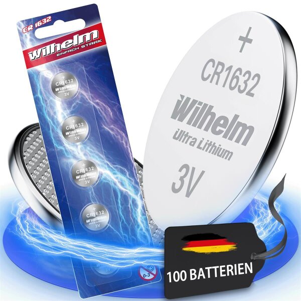 100 x CR1632 WILHELM Blister Lithium Knopfzelle 3V 140 mAh ø16 x 3,2 mm Batterie DL1632
